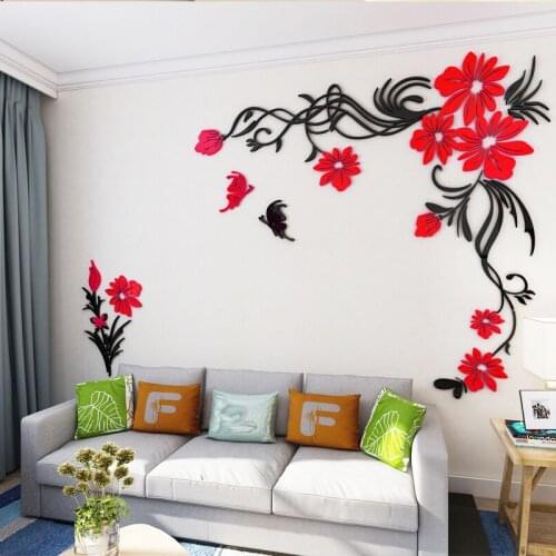 New arrival Acrylic Crystal wall stickers Fashion flower vine Butterfly tv wall stickers DIY art wall decor 3D home decoration