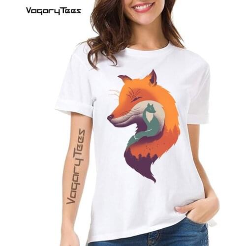 New Fashion Womens T-Shirt Funny Fox Forest Tree Graphics Print Tee Shirt Harajuku Tshirt Cute girl manga animal streetwear tee
