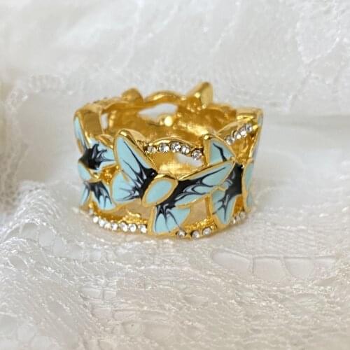New Trendy Gold Hollow Blue Epoxy Butterfly Rings For Women Fashion Zircon Female Jewelry Engagement Party Birthday Gifts
