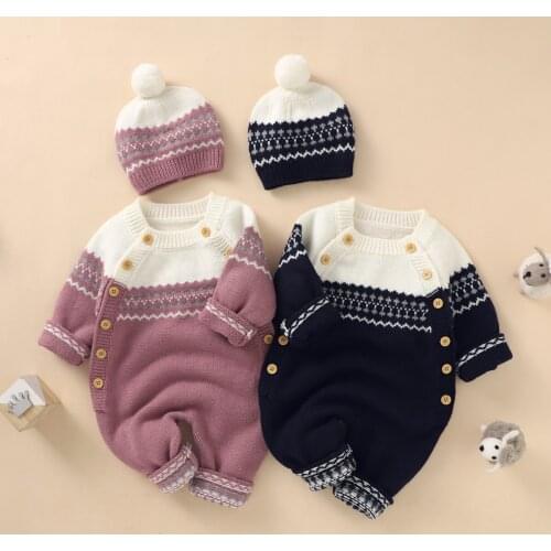 Autumn Winter Knitted Rompers Baby Girls Boys Long Sleeve Round Collar Jumpsuit and Hat Sweater Jumpsuit 2021 Children Clothes