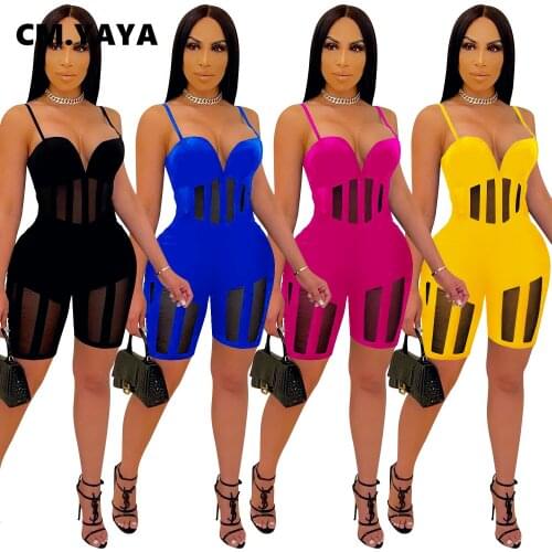 CM.YAYA Sexy Playsuits Women Solid Mesh See-through V-neck Sleeveless Spaghetti Starp Sheath Elastic Playsuit Summer Outfit 2021