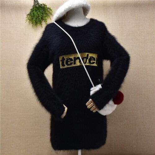Pull femme women hairy black Letter embroidery mink cashmere knitted long sleeves slim blouses pullover angora fur sweater dress