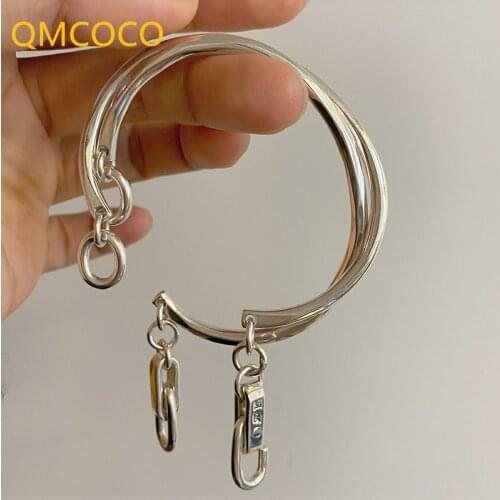 QMCOCO 925 Silver Simple Bangle Bracelet Woman Lock Hook Chain Bracelet New Style Fashion Punk Party Jewelry Gift For Woman Girl