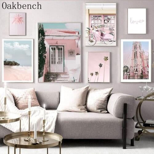 Pink City Bike House Canvas Art Print Beach Coconut Tree Posters and Prints Nordic Wall Art Painting Picture Living Room Decor