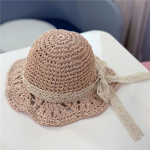 New Baby Sun Hat Lace Bow Summer Straw hat Kids Sun Block UV protection Panama Beach Hat For Girls Boys Bone