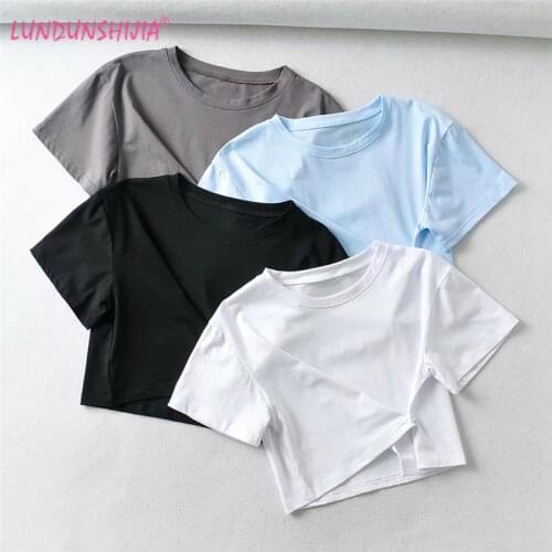 LUNDUNSHIJIA 2021 Summer Crop Tops For Women Sexy Female Pure Cotton O-Neck Short Sleeve Solid T shirt