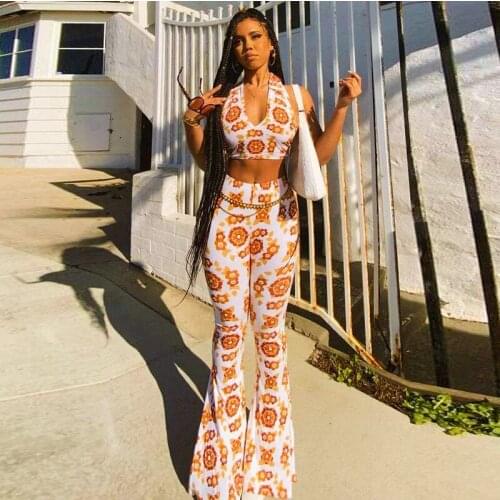 Women Sexy Two Piece Clothes 2021 Summer Fashion Orange Printing Cropped Vest and High Waist Trumpet Trousers S-L