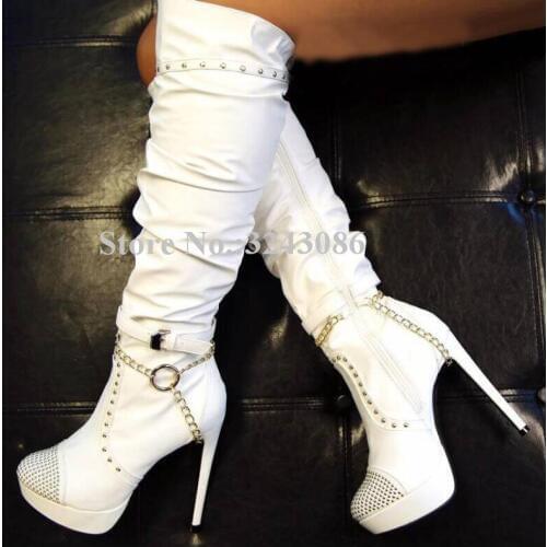 New White Leather Rivets Chains Platform Long Boots Woman Fashion Design Metal Ring Studded Over the Knee Boots Stiletto Heel