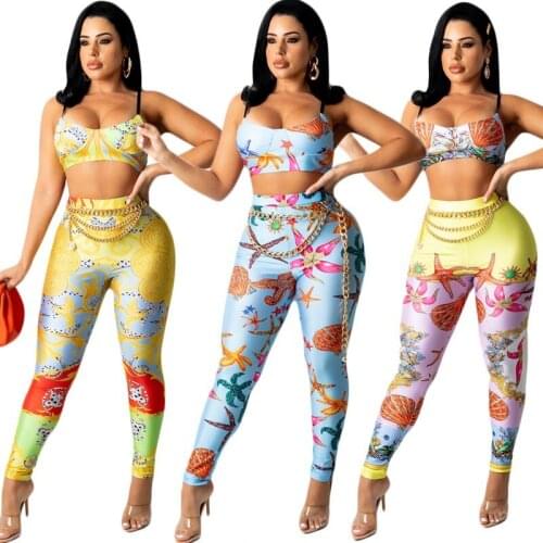 Two Piece Set Women 2021 Summer New Fashion Dashiki Sleeveless Sexy Top+Elastic Waist Long Pants Set Printed Slim 2 Piece Set