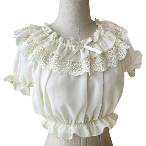 Womens Chiffon Crop Top Summer Short Sleeve Blouse with Lace Detailing Lolita Coat Kawaii Pink Clothes Kawaii Style