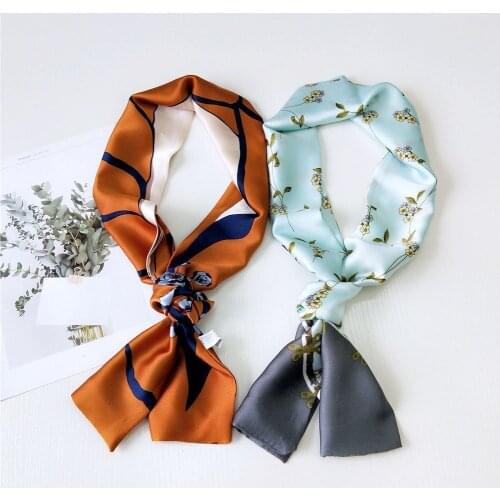 14x145cm New Skinny Scarf Daisy Floral Patchwork Women Silk Small Handle Bag Ribbon Female Headband Small Long Neckchief Scarves