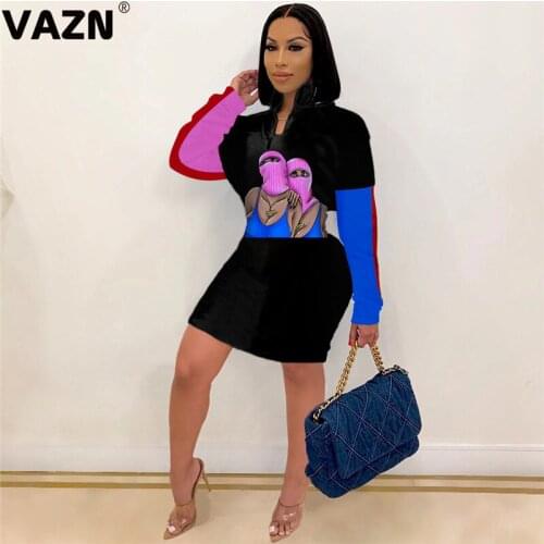 VAZN 2020 Autumn Hot Sales Young Daily Regular Overalls Sexy Fashion Full Sleeve Women Thin High Waist Mini Dress