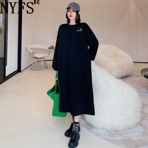 NYFS 2021 Korean New Autumn Winter Loose Embroidery Woman Dress Vestidos Robe femme Elbise Fashion Cartoon Print Hoodie Dress