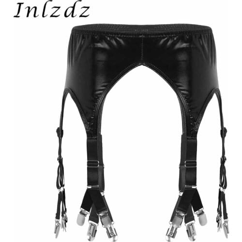 Womens Sexy Lingerie Vintage Shiny Metallic Garter Belts with Six Elastic Straps Metal Duck-Mouth Clips for Holding Stockings