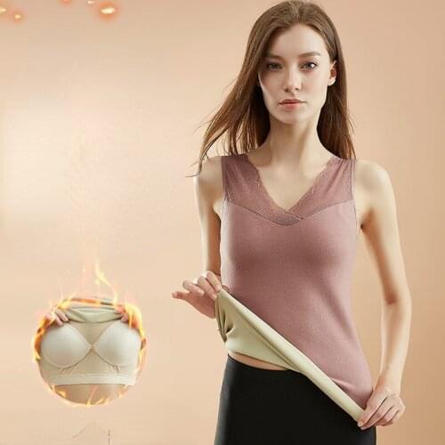 Women 2021 Winter New Thermal Underwear Vest Tops Female Lace V-neck Lingerie Tanks Tops Ladies Warm Sleeveless Undershirt E537