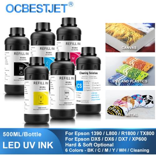 500ML 6Colors/Set LED UV Ink For DX4 DX5 DX6 DX7 Printhead For Epson 1390 R1800 R1900 4880 7880 9880 UV Printer (BK C M Y WH GO)