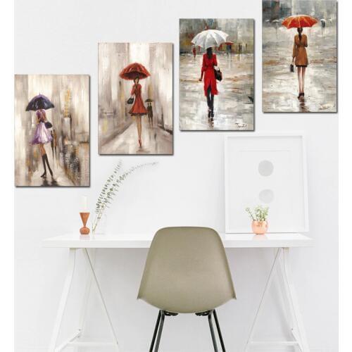 Abstract City Street Landscape Umbrella Girl Figure Oil Painting on Canvas Poster and Print Wall Picture for Living Room Decor
