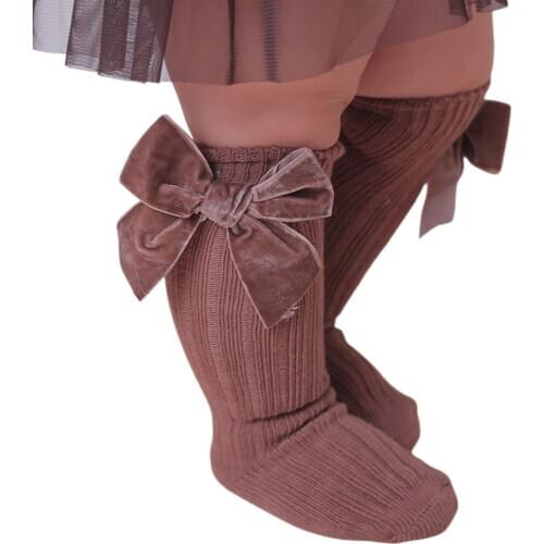 Baby Girl Knee High Rib Stockings Winter Warm Combed Cotton Knitted Stockings with Big Velvet Bow for Infants Toddlers 1-3Years