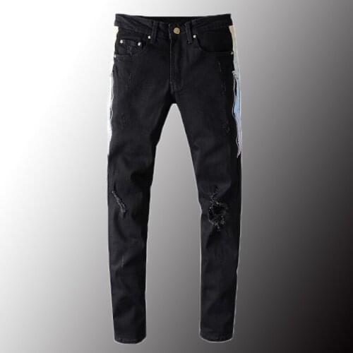 New Luxury Mens Pleated Stripe Line Patchwork Black Jeans Streetwear Slim Skinny Stretch Denim Ripped Pants Plus Size 40