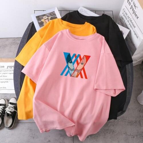 Women Darling In The Franxx Anime Tees HIRO And ZERO TWO Japan Summer T-shirts Oversize O-neck Lady Clothing Fashion Camisetas