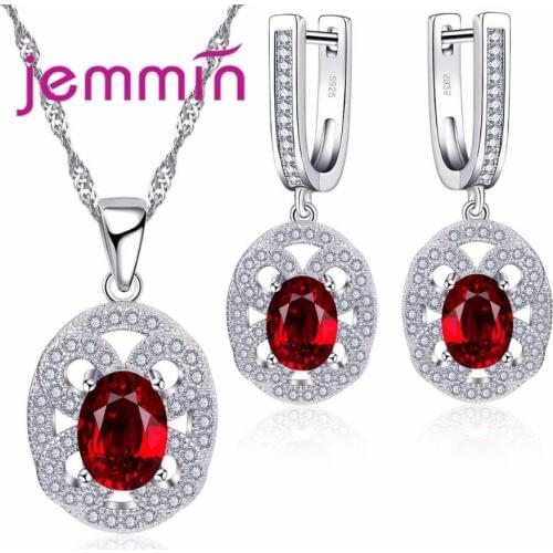 Fine 925 Sterling Silver Red Austrian Crystal Necklaces And Earrings Bridal Wedding Jewelry Sets For Women Accessories