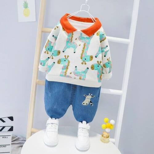 Spring Autumn Long Sleeve Clothing Baby Boys Cartoon Animal Print Outfits Sweatshirt + Denim Pants 2Pcs Set for Kids Girls Jeans