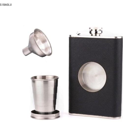 Creative 8 Oz Folding Cup Stainless Steel Hip Flask Faux Leather Whiskey Wine Bottle Retro Alcohol Pocket Flagon