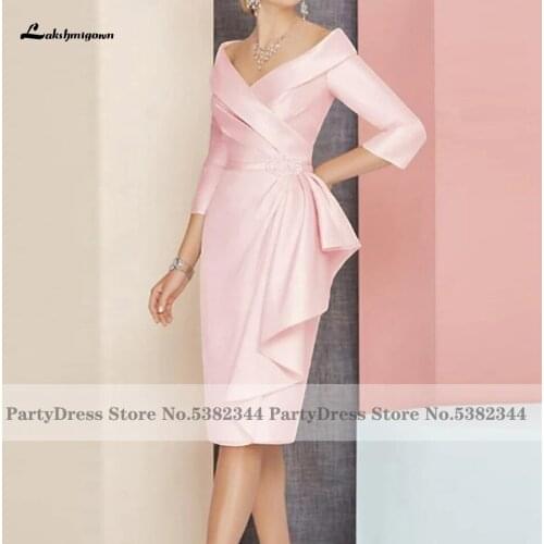 Lakshmigown Elegant Pink Mother Of The Bride Dress for Wedding 2021 Vestidos de Noche Women Party Dresses 3/4 Sleeve Knee Length