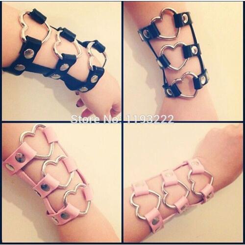 Fashion Jewelry Sexy Kawaii Harajuku Handmade Harness Faux Leather Punk Rock Heart Hand Cuff Harness Bangle Bracelets