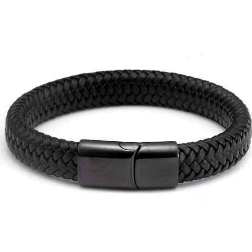 Vintage Braided Chain Link Black Soft Genuine Leather Male Men Bracelets Punk Stainless Steel Sporty Charm Bracelets