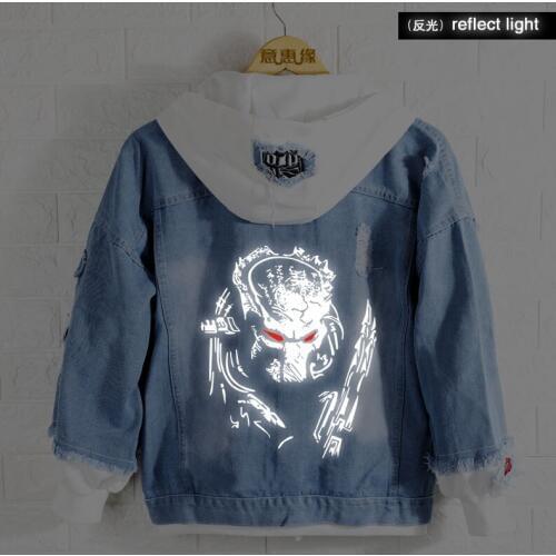 New spring Predator hoodie Anime Skull hooded Coat Men Women reflect light Fashion Denim Jacket