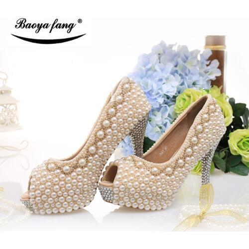New arrival Peep Toe Womens wedding shoes real leather insole Pearl handmade party dress shoes High shoes female dress shoes