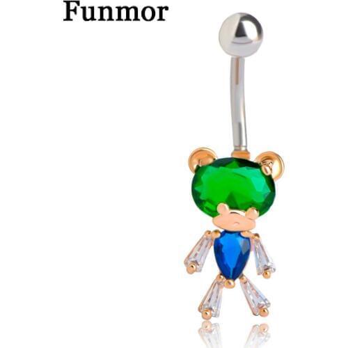 Funmor New Cubic Zircon Bear Shape Navel Belly Button Rings Stainless Steel Sexy Copper Animal Navel Piercing Ombligo Pircing