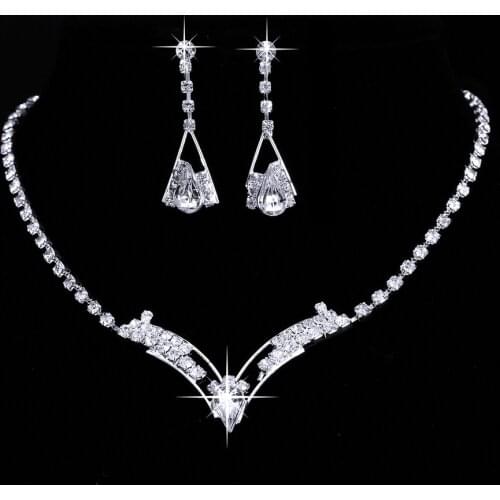 Womens Wedding Sparkling V Shaped Rhinestone Crystal Necklace Earrings Set Charm Bridesmaid Bridal Jewelry Set Silver Plated