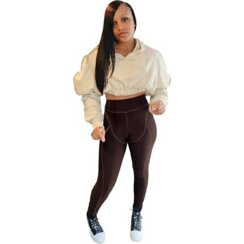 Casual Two Piece Set Women Jogging Femme Vintage Puff Sleeve Hoodie Crop Top + Striped Leggings Bodycon Tracksuit Women Outfits