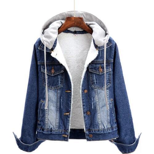 Removable Hooded Women Washed Frayed Denim jacket Autumn winter New Plus velvet Thick Faux Lambswool Cotton coat Chaqueta mujer