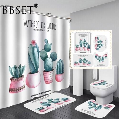 Desert Cactus Pot Waterproof Print Shower Curtain 4 Piece Toilet Lid Cover Anti-slip Soft Rugs Bath Mat Bathroom Set Home Decor