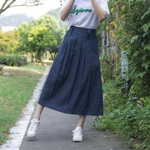 Summer Autumn Denim Long Skirt Women Jeans High Waist Pleated Skirt Female Elastic Waist Casual Skirt Skirts Women Saia