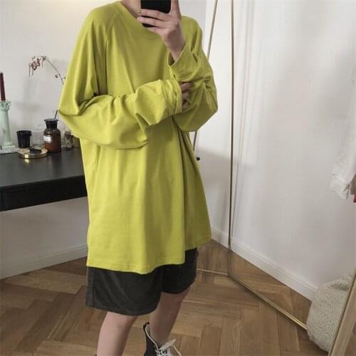 2021 New Autumn Casual Ladies T-shirt Round Neck Solid Color Loose High Quality Women Tee Fashion Elegant Female Tops T177