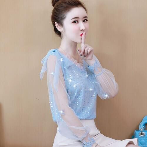 Womens Spring Summer Style Chiffon Blouse Shirt Womens Sequined Long Sleeve Bow Elegant Slim Casual Tops DD8406