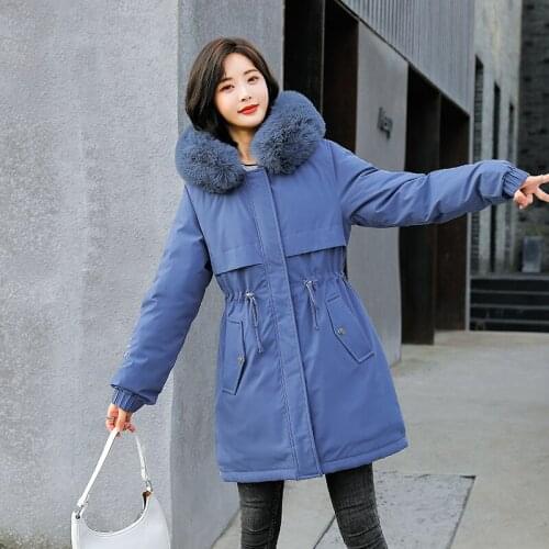 Womens Mid Long Parkas Wool Liner Hooded with Fur Ladies Warm Winter Jacket Thick Long Sleeve Zipper Outerwear for Female