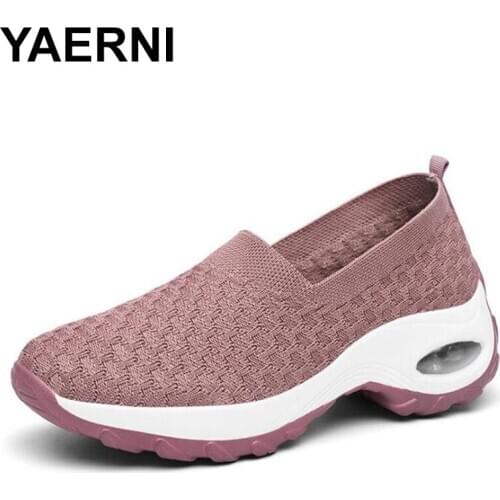 YAERNI2020 new fashion mesh women boots round toe high heel slip-on platform flat shoes spring / autumn casual shoes woman
