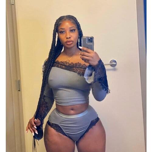 S2021 Summer Casual Fashion Women Slim Street Sexy Nightclub Pure Color Lace Splicing A Word Shoulder Two-Piece Set