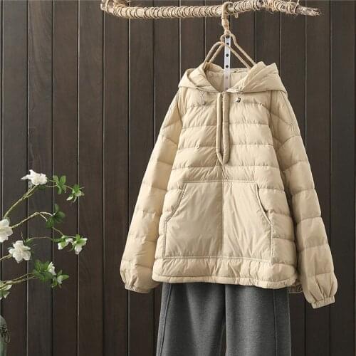 White Duck Down Coat Women Hooded Short Casual Puffer Jacket 2021 Winter Oversized Female Pocket Parkas Loose Outwear