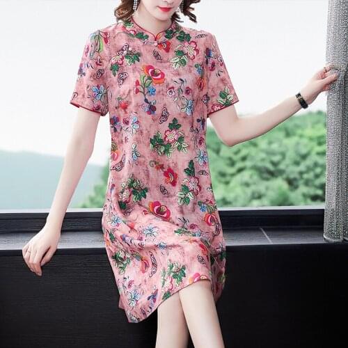 2021 Chinese Style Floral Mulberry Silk Midi Dresses Summer Vintage Elegant 4XL Plus Size Print Sundress Female Bodycon Vestidos
