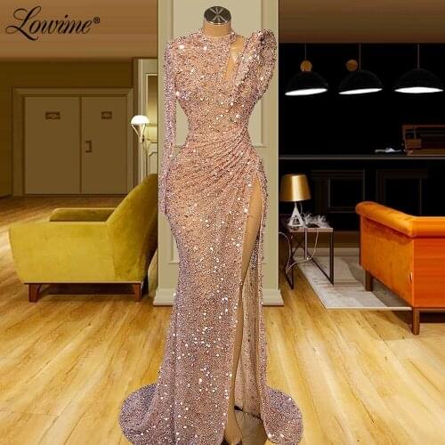 Lowime Pink Illusion Sexy Beads Long Party Dresses For Women 2021 Customized Mermaid One Shoulder Arabic Evening Dress Prom Gown