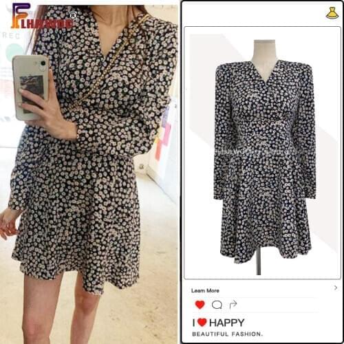 Chic Korea Japan Vintage Dress 2020 Fall Autumn Basic Wear V Neck Green Black Floral Print A Line Women Dress Cute Vestidos