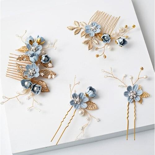 1PC Luxury Blue Pink Flower Hair Combs Headdress Prom Bridal Wedding Crown Hair Accessories Gold Leaves Hair Jewelry Hair Pins