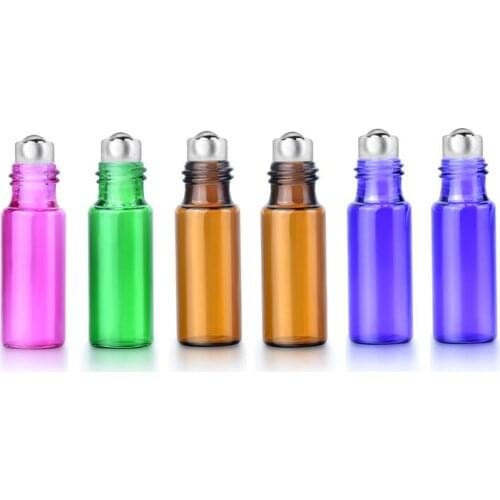 Free shipping 5ml 1/6oz Colorful roll glass bottle essential oil perfume roller ball with Stainless Steel Roller on