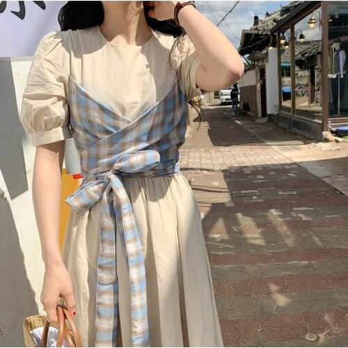 Korean Chic French Niche Tube Top Stitching Plaid Lace Round Neck Mid-length Puff Sleeve Fake Two-piece Dress Bodycon Dress